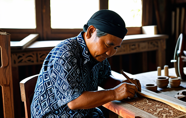 **

A skilled Malay craftsman in a fully clothed, traditional batik shirt, meticulously carving intricate designs into a piece of high-quality Malaysian hardwood. The workshop background is filled with various woodworking tools, finished furniture pieces showcasing local motifs, and natural sunlight streaming in. Perfect anatomy, correct proportions, natural pose, professional lighting, high resolution, safe for work, appropriate content, fully clothed, modest, family-friendly. Focus on the detail of the carving and the artisan's focused expression.

**